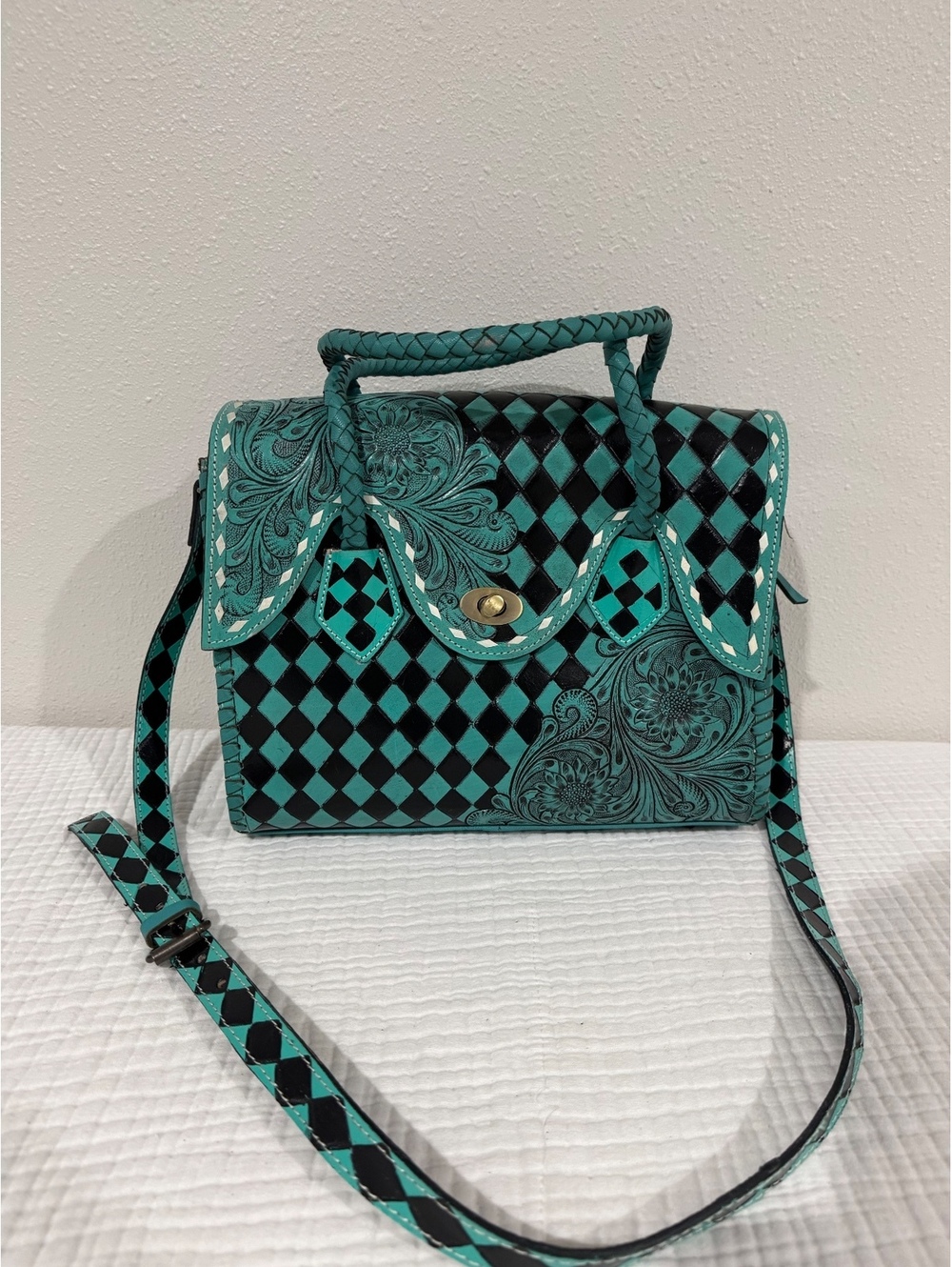 Turquoise Black Western Tooled Leather Satchel Handbag Crossbody [COPY]